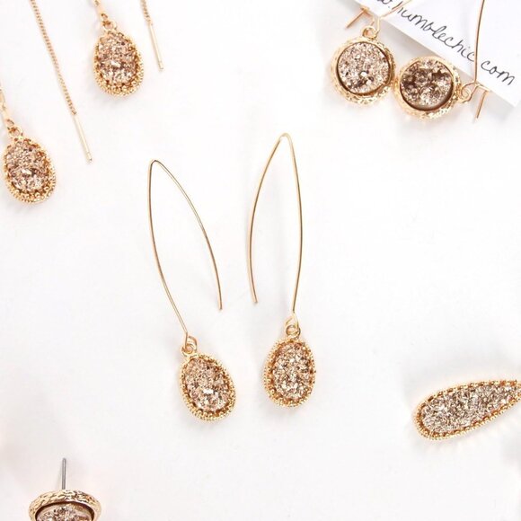 Women's Simulated Druzy Dangly Threader Earrings Gold Long Simple Boho Hoop - Picture 7 of 9